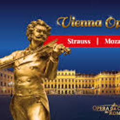 Concert poster: golden sculpture of a man playing the violin, golden palace and dark blue sky as a background.