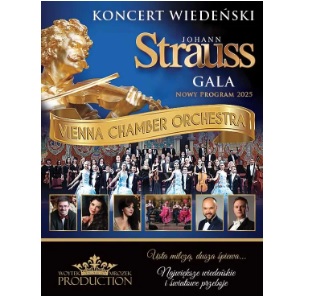 Poster advertising the concert with big golden statue of Johann Strauss and photo of the orchestra