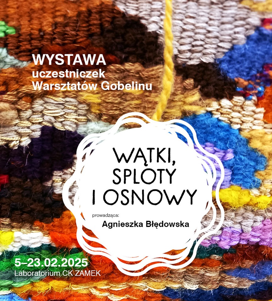 Title and information about exhibition on the background of the photo of fabric with multi-colored, multi-shaped spots and various textures