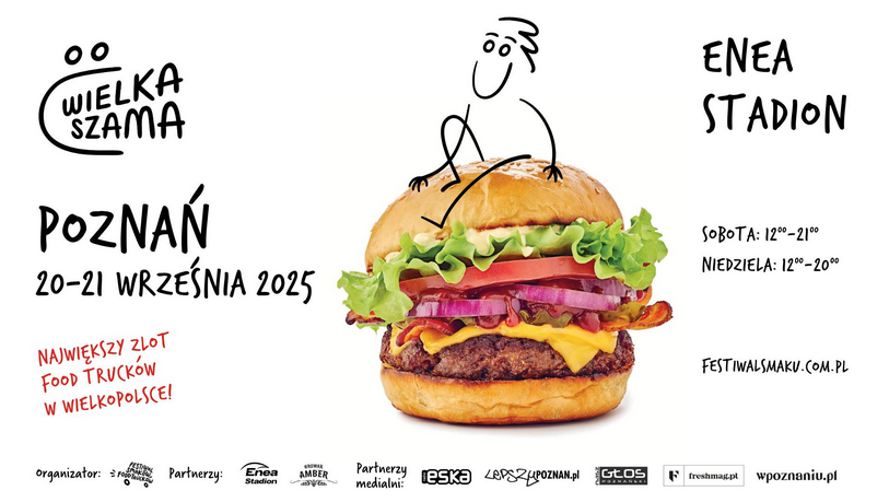 Realistyczny burger. Na nim siedzi rysunkowa postać. Wokół napisy na białym tle. Partnerzy wydarzenia. Szczegółowe informacje zawarte w treści artykułu.