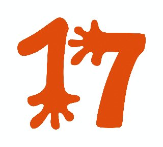 Plakat, na białym tle pomarańczowa cyfra siedemnaście, która przypomina wygięte dłonie.