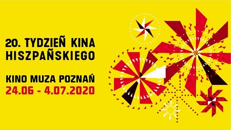 Plakat z żółtym tłem, po lewej czarne i czerwone napisy informacyjne, po prawej kolorowe wzory, w których dominują odcienie czerwonego.