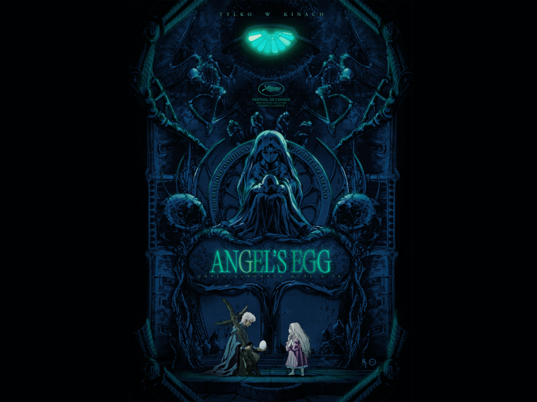 Plakat filmu Angel's egg - męska postać z białym jajkiem w dłoni klęczy przed małą dziewczynką, w tle widoczne wykrzywione rzeźby przypominające wnętrze ciemnej świątyni.