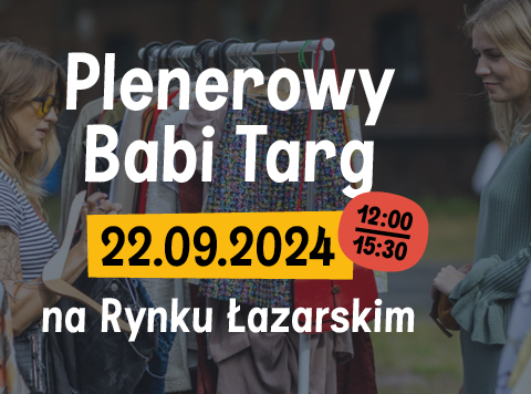 Zdjęcie, dwie kobiety stoją obok wieszaka z ubraniami, na zdjęciu napisy informujące o wydarzeniu.