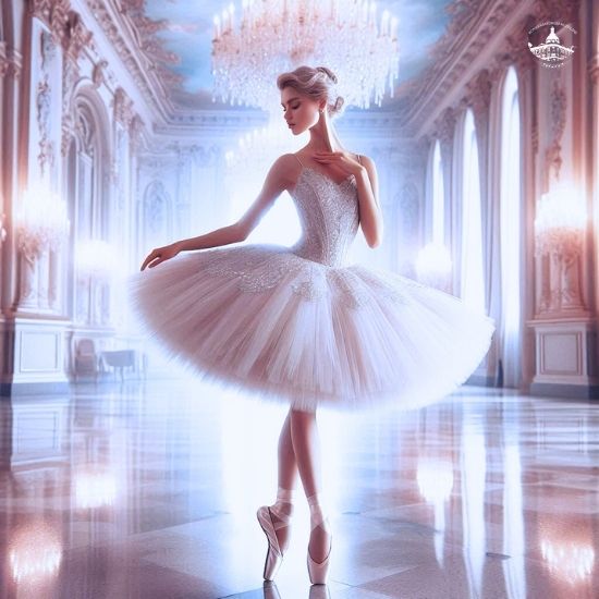 Obrazek baletnicy w pałacowych wnętrzach.