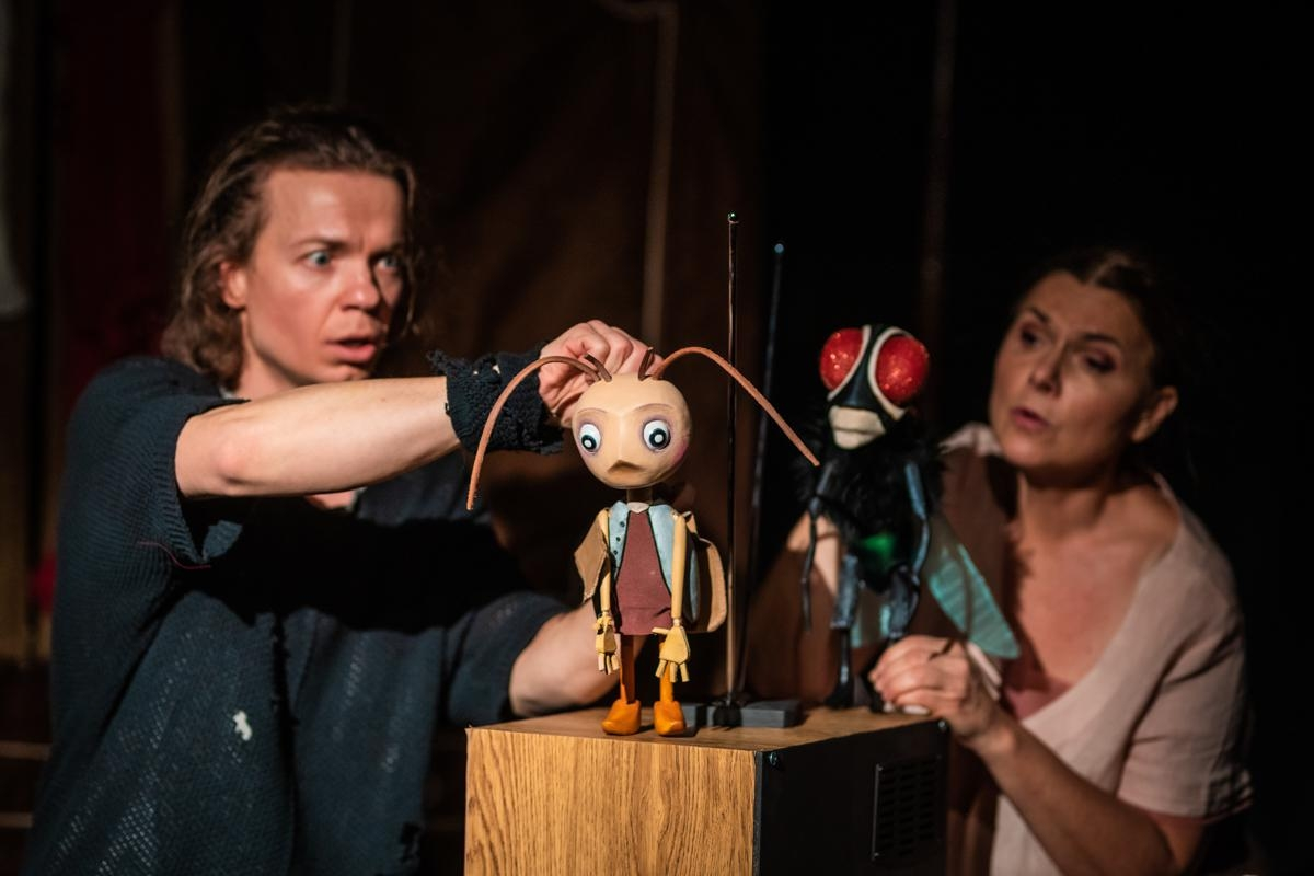 Zdjęcie z występu, na którym widoczni są aktorzy sterujący drewnianymi figurkami owadów.