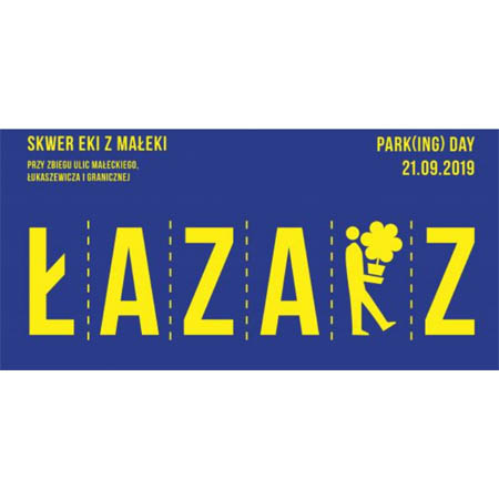 Baner. Granatowe tło, żółte litery.