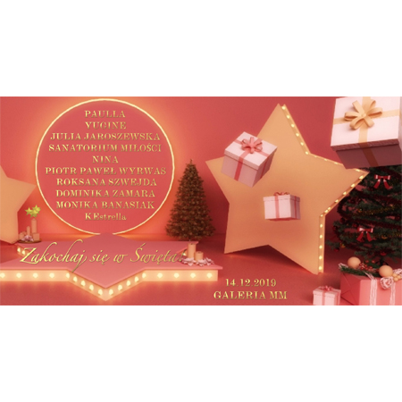 Baner: choinka, 2 gwiazdy z taśmą ledową (jedna leży, druga stoi), zapakowane prezenty.