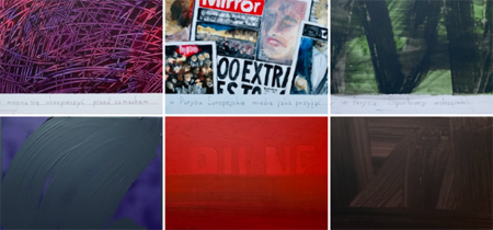 Baner wydarzenia:6 prostokatnych pół w róznych kolorach i o róznych fakturach, górne środkowe - czasopisma.