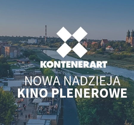 Panorama Poznania z widokiem na Wartę, KontenerArt i katedrę. Na środku tekst.