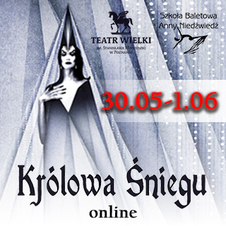 Po lewej Królowa Śniegu, po prawej i na dole napisy. Na srodku czerwone daty Plakat w barwach biało- szarych.