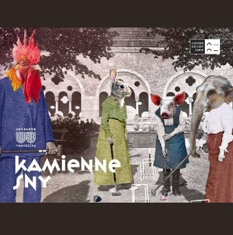 Czarno-biała fotografia Dziedzińca Różanego z czasów cesarskich. Półokrągłe okna z kolumienkami, roślinność. Na pierwszym planie cztery postacie w strojach z epoki, jeden mężczyzna, trzy kobiety. Grają w krokieta. Ich ubrania zostały pokolorowane, głowy natomiast zastąpiono łbami zwierząt: koguta, królika, świni i słonia. W prawym górnym rogu grafiki zamieszczona jest sygnatura Centrum Kultury Zamek, w lewym, dolnym napis: "kamienne sny' oraz logo teatru Usta Usta Republika.