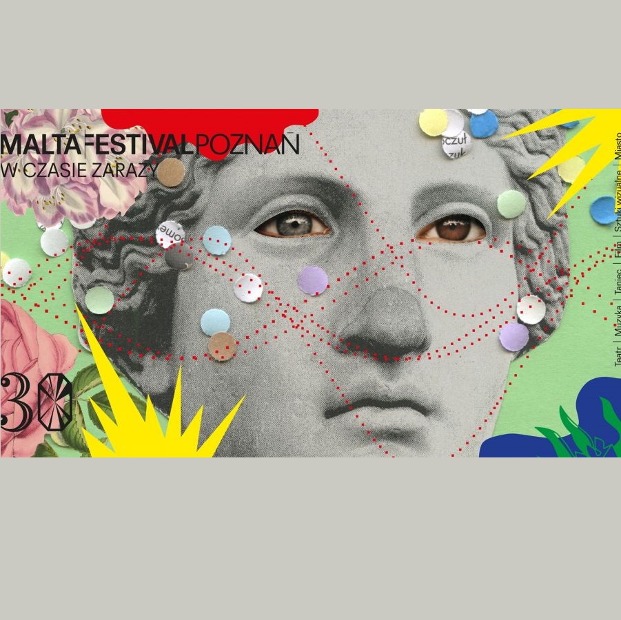 Baner festiwalu Malta. Wielokolorowy baner na którym między innymi widzimy twarz posąga z ludzkimi oczami.