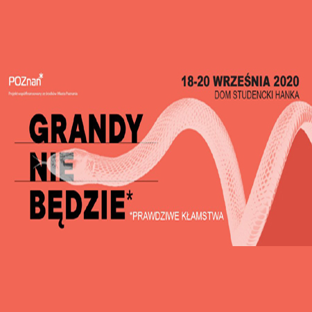 Na różowym tle czarny napis "Grandy nie będzie". W środkowej części i na napisie widać również przeźroczysty tułów węża w kolorze białym.
