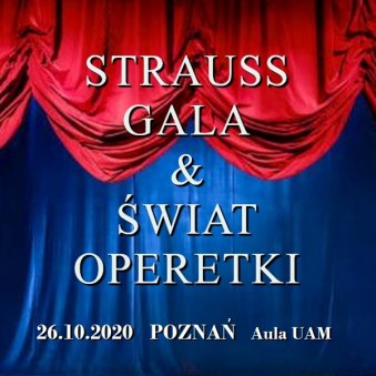 Widok czerwonej opadającej kurtyny. Na wierzchu napis "Strauss Gala & Świat Operetki".