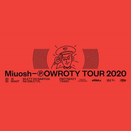 Na czerwonym tle napis "miuosh" i rysunek salutującego policjanta.