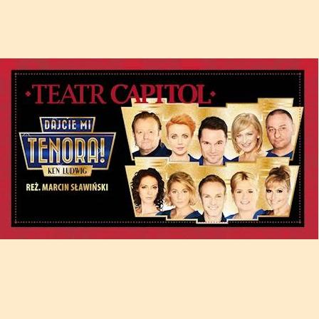 Baner spektaklu na którym widać zdjęcia aktorów biorących udział w spektaklu.
