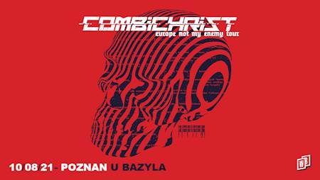 Na czerwonym tle czarna czaszka i biały napis "combichrist".
