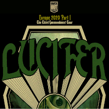 Na czarnym tle zielony napis "Lucifer".