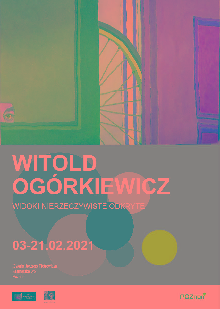 Na szarym tle napis "Witold Ogórkiewicz, widoki nierzeczywiste odkryte". Powyżej wielobarwny obrazek, jakby w uchylonych drzwiach widać było fragment koła roweru.