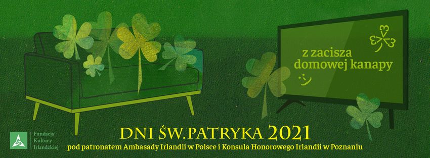 Grafika telewizoru z napisem "z zacisza domowej kanapy". Wszystko w odcieniach zieleni.