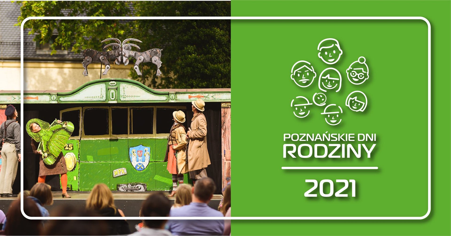 Na zielonym tle napis "Poznańskie Dni Rodziny 2021". Nad napisem wymalowane kontury ośmiu główek dzieci.