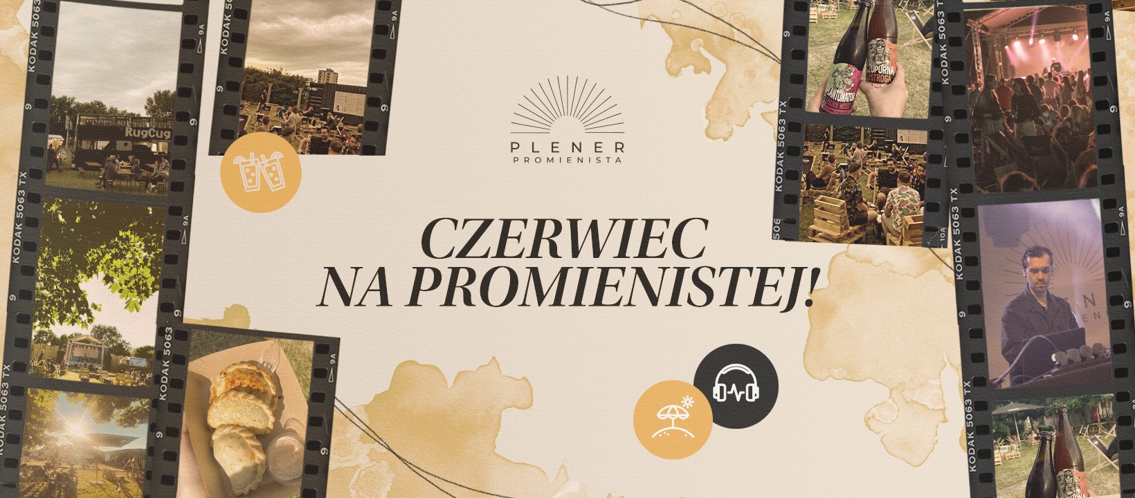 Na brązowym tle logo pleneru i napis "czerwiec na promienistej".