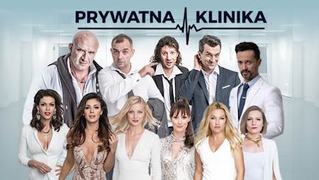 Na białym tle widać w rzędize pięć aktorek grających w spektaklu, pod nimi rząd czterech aktorów. Na dole napis "prywatna klinika" i wykres EKG.