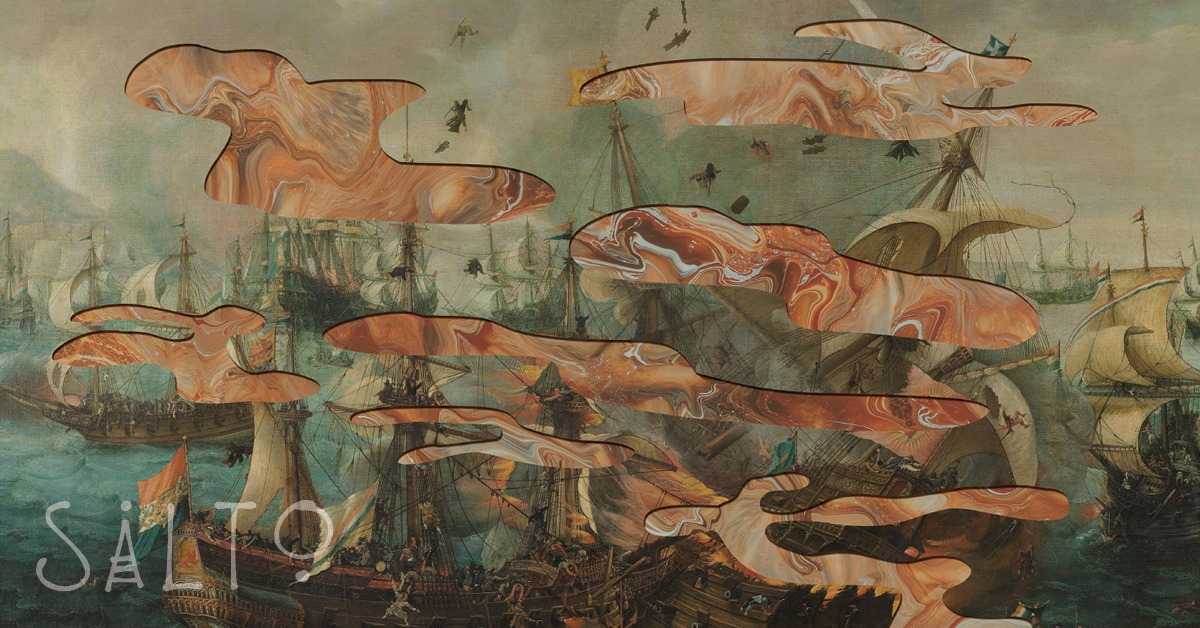 Obraz drewnianych żaglowców a na nim plamy.