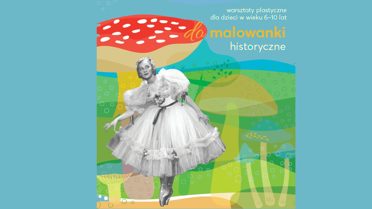 Baletnica w sukni, w tle rysunki grzybów.