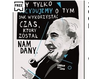 Czarno-biała grafika. Rysunek mężczyzny z profilu z fajką w ustach. Po prawej stronie cytat: "My tylko decydujemy o tym, jak wykorzystać czas, który został nam dany."