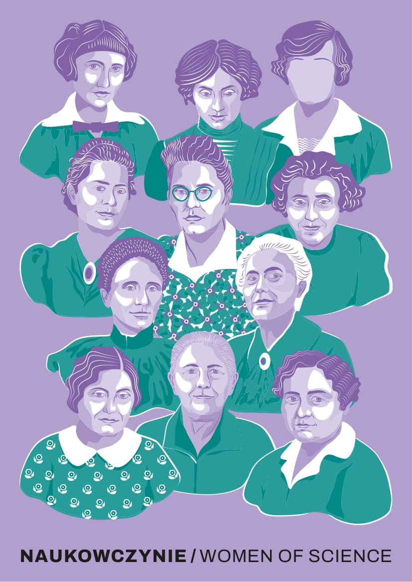 Baner wystawy - grafika z wizerunkami naukowczyń.