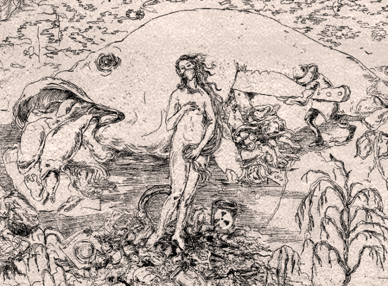 Szkic różnych zwierząt i kobiety.