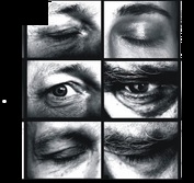 Czarno-biały kolaż fotograficzny. Na kolejnych kadrach widać zbliżenia ludzkich oczu.