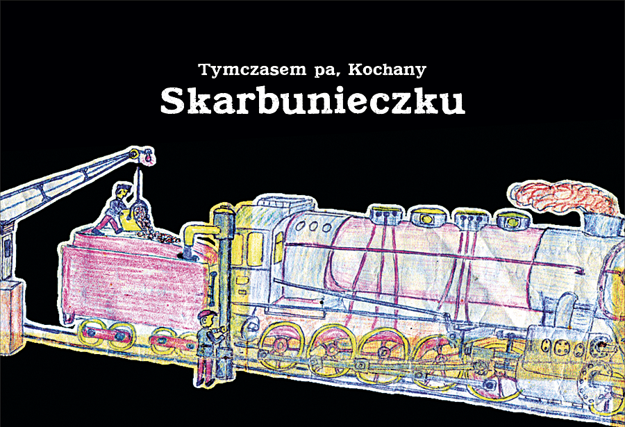 Lokomotywa namalowana kolorowymi kredkami. Powyżej nazwa wydarzenia.