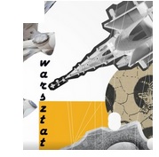 Biało-żółta grafika, na której widoczne są wybrane projekty i prace autorstwa Antoniego Gaudíego. To głównie elementy projektów architektonicznych. Po lewej stronie dostrzec można czarny pionowy napis: warsztat.