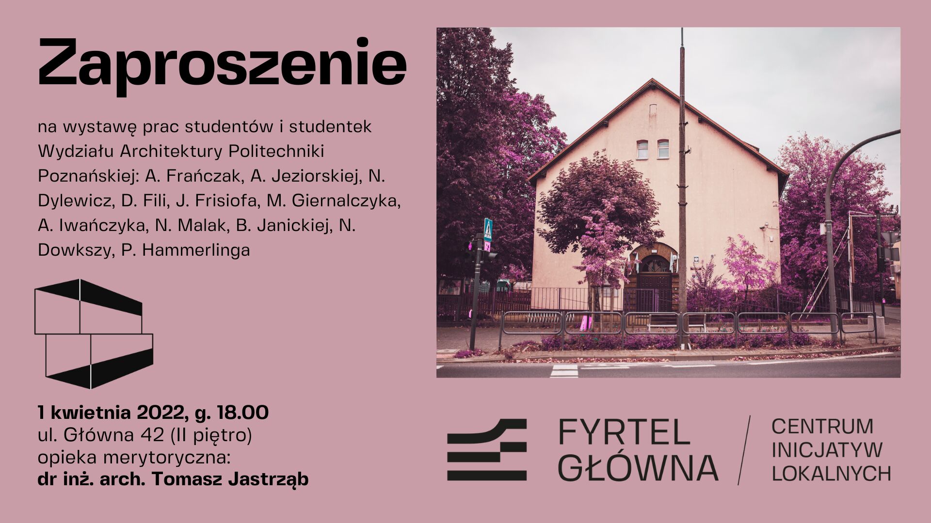 Zdjęcie budynku w którym mieści się Dom Kultury i napis z logo Fyrtel Główna, Centrum Inicjatyw Lokalnych.