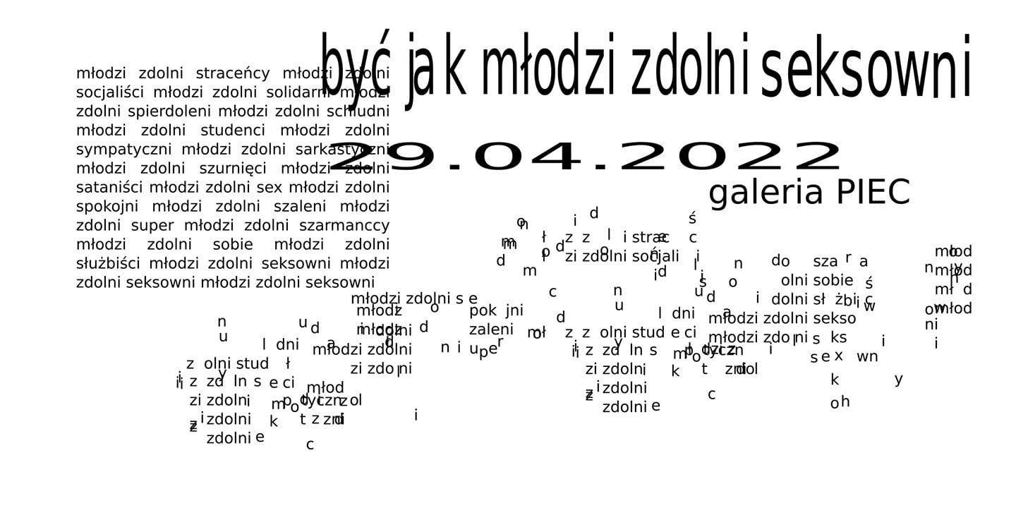 Baner z nazwą kolektywu. W tle rozstrzelone napisy maszynowe.