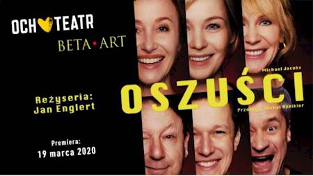 Zdjęcia aktorów występujących w spektaklu i nazwa wydarzenia.