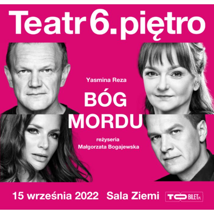 Zdjęcia aktorów występujących w spektaklu i nazwa wydarzenia.