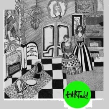 Czarno-biała ilustracja przedstawiająca bogato zdobiony, umeblowany pokój oraz dwie postaci. W dolnej części okrągłe zielono-czarne logo pracowni.