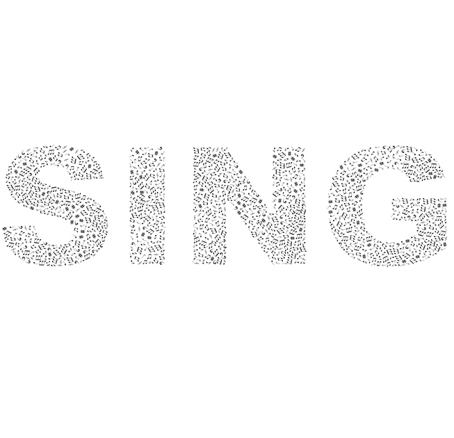 Z małych czarnych nutek ułożony napis "sing".