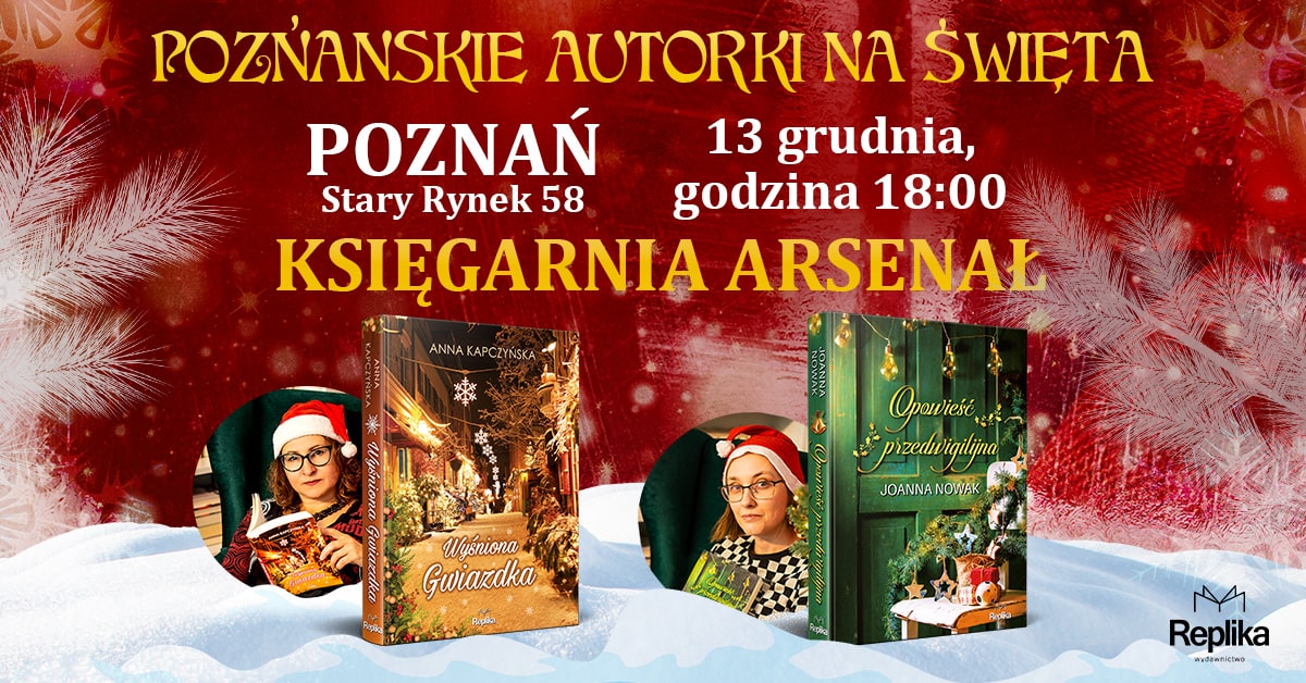 Baner promujący wydarzenie. Zdjęcia autorek i ich książek na biało czerwonym świątecznym tle. Powyżej informacje o nazwie, miejscu i dacie wydarzenia.