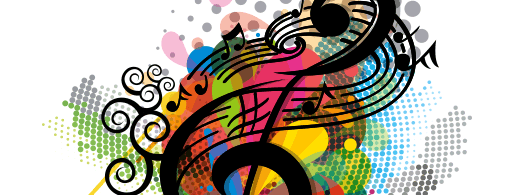 Baner promujący wydarzenie. Nuty i klucz wiolinowy na kolorowych barwach w tle.