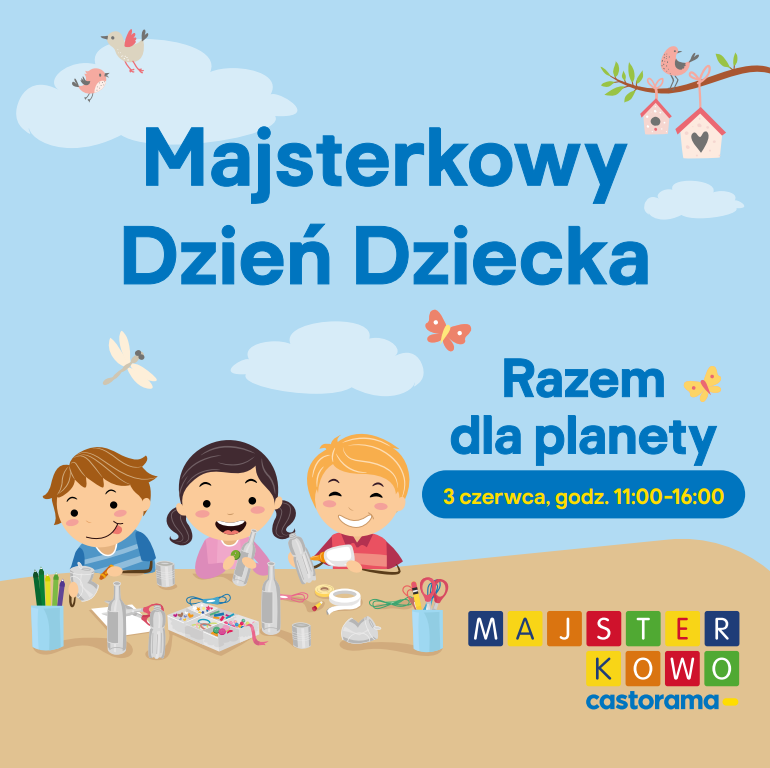 Baner promujący wydarzenie. Nazwa wydarzenia i data. Rysunek trójki radosnych dzieci w trakcie warsztatów.