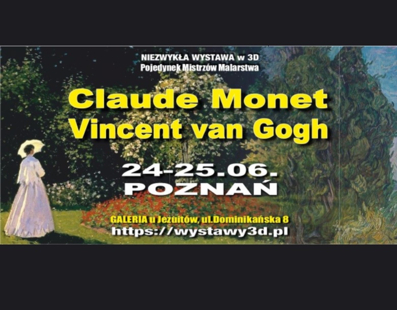 Baner promujący wydarzenie. Nazwa wydarzenia. W tle jeden z obrazów Moneta - kobieta w białej sukni z białą parasolną w ogrodzie.
