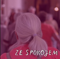 Zdjęcie grupy osób w jednym z zamkowych korytarzy. Na pierwszym planie siwowłosa kobieta odwrócona plecami do obiektywu. W tle nieostre sylwetki pozostałych zwiedzających. Przez okna umieszczone po prawej stronie korytarza wpada dzienne światło. Na zdjęcie nałożono filtr w kolorze różowym. W prawym dolnym rogu biały odręczny napis "ZE SPOKOJEM".