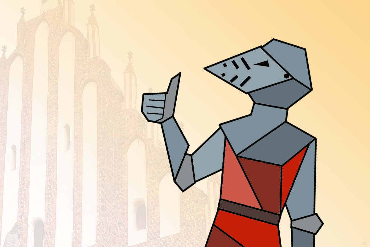 Rysunek rycerza w pełnej zbroi pokazującego gest ok. W tle półprzeźroczyćie widać fragment kościoła. Całość na różnożółtym tle.