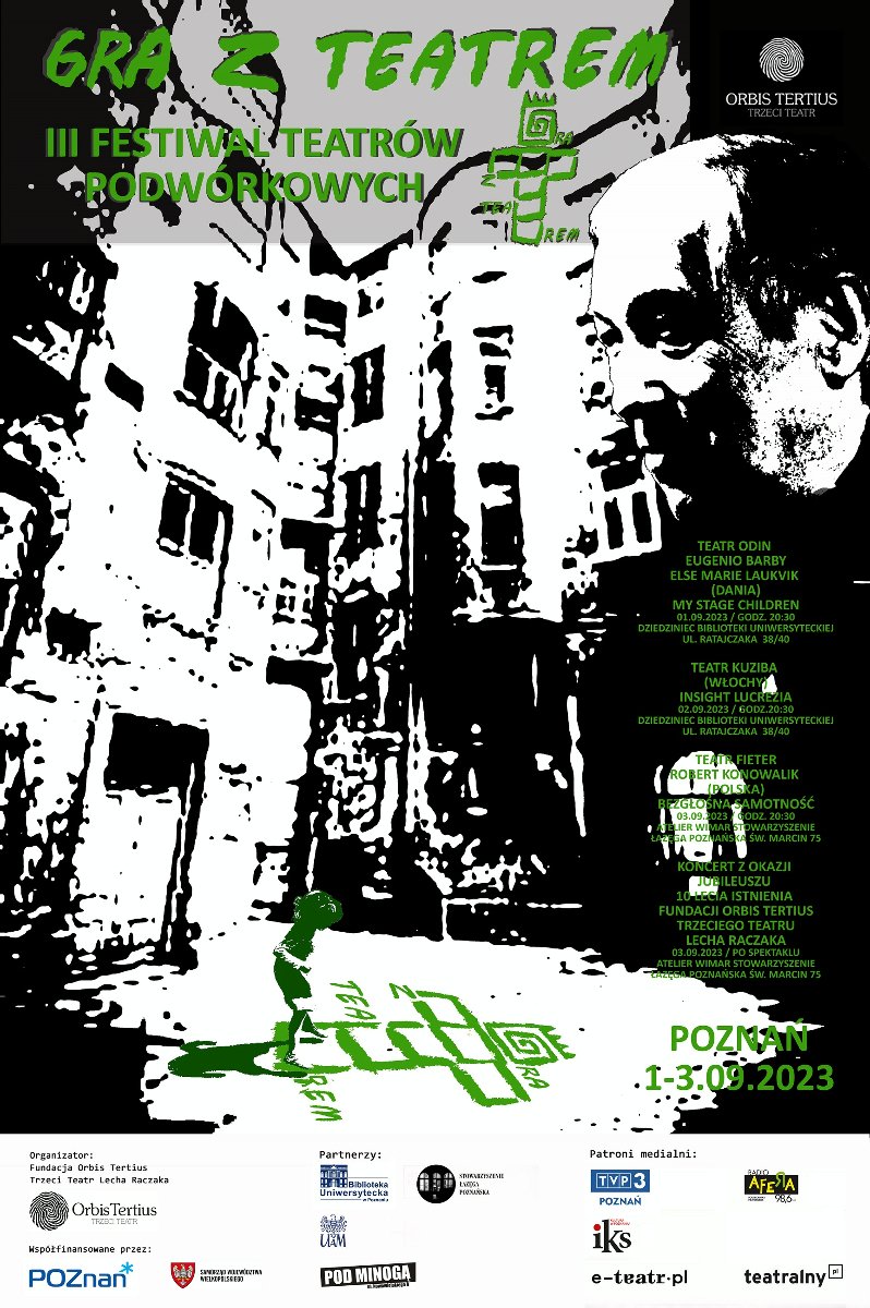 Baner promujący wydarzenie. Nazwa wydarzenia i data. W tle linoryt z dziedzińcem kamienicy i twarzą Lecha Raczaka.