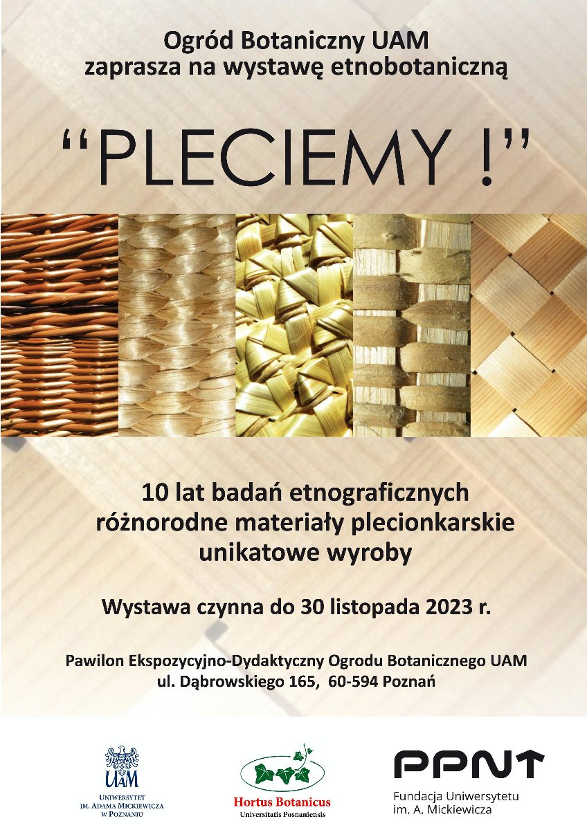 Baner promujący wydarzenie. Nazwa wydarzenia i data. Zdjęcie różnych splotów z różnych roślin plecionkarskich.